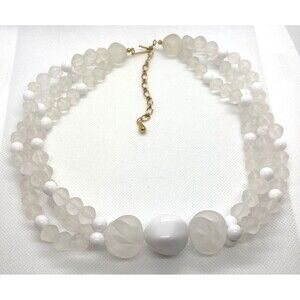Vintage Style Frosted Clear White Plastic Beaded 2 Strand Tiered‎ 20'' Necklace